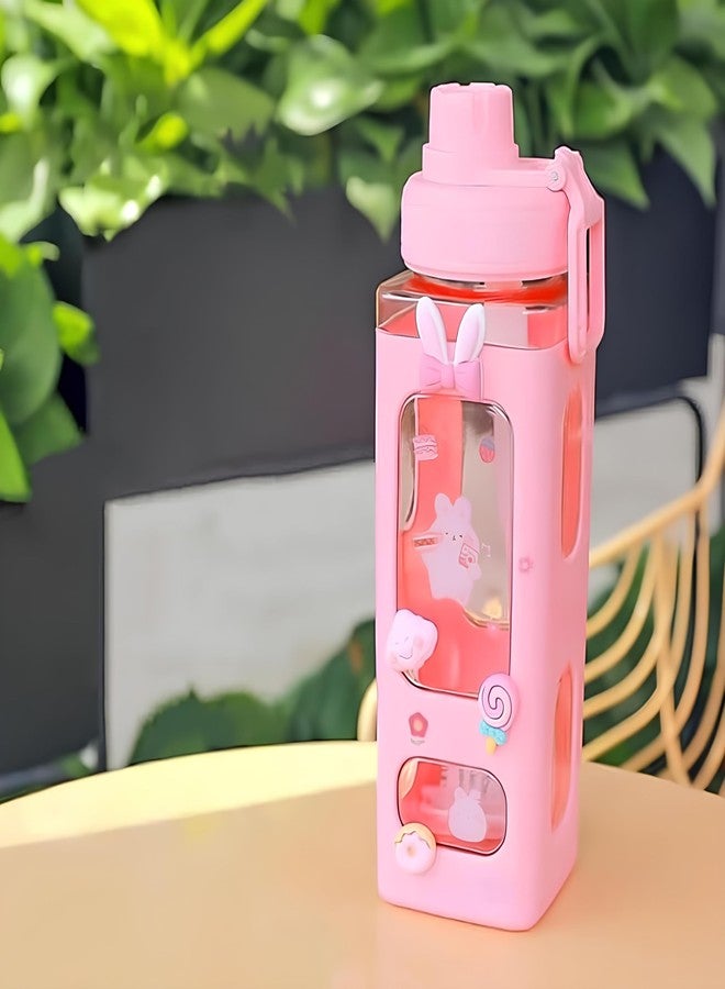 MAHNTMART Plastic Kawaii Water Bottle with Straw Cute Large Water Bottles with Kawaii Stickers Aesthetic Leakproof Square Drinking Bottle.700ML (Pink) - Image 1